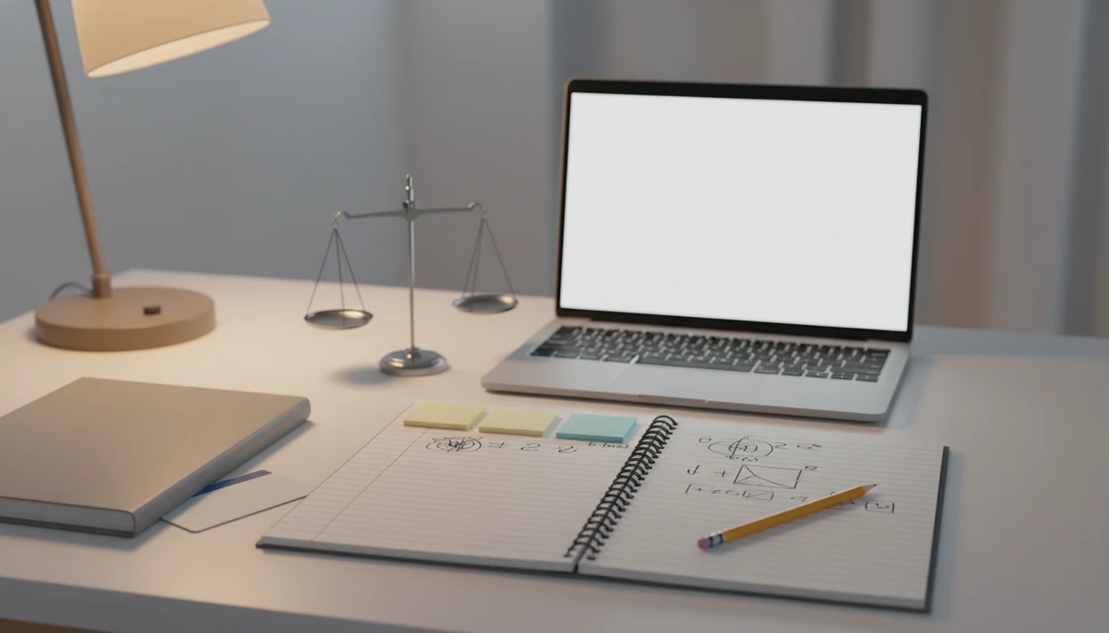 A quiet study desk shows a notebook, laptop, pencil, and small balance scale symbolizing ethical AI homework use.