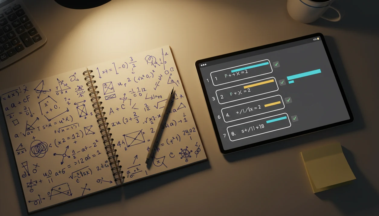 A student desk shows homework notes beside a device displaying organized step-by-step solution cards.