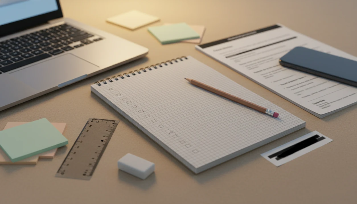 A student desk shows a blank checklist, blurred devices, and redacted papers for safe AI homework use.
