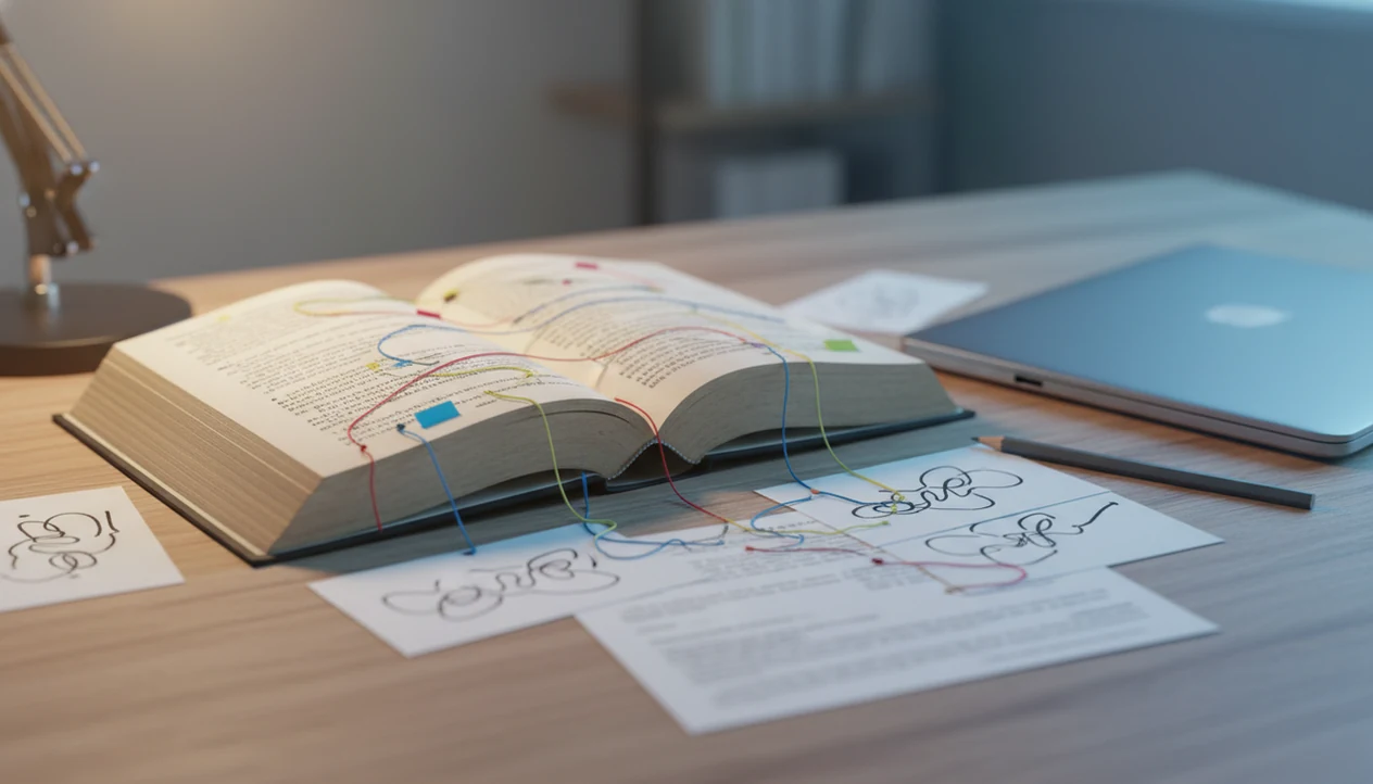An open literature book is surrounded by notes, pencils, and colored threads suggesting AI-guided analysis.