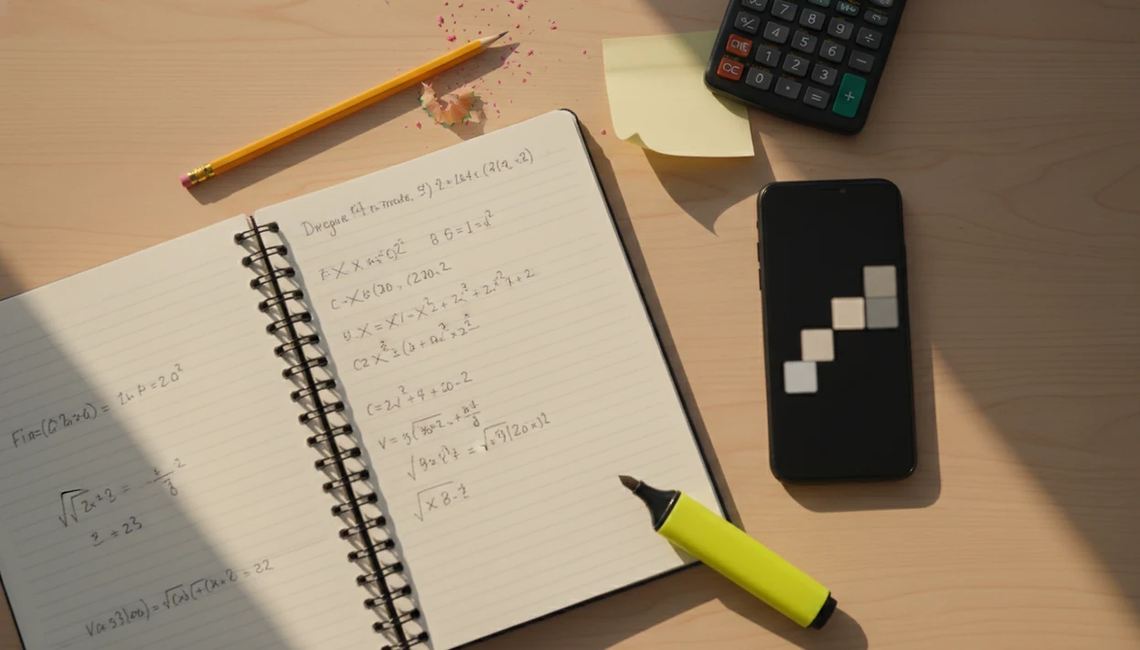 A notebook, phone, pencil, and calculator show a homework problem being checked step by step.
