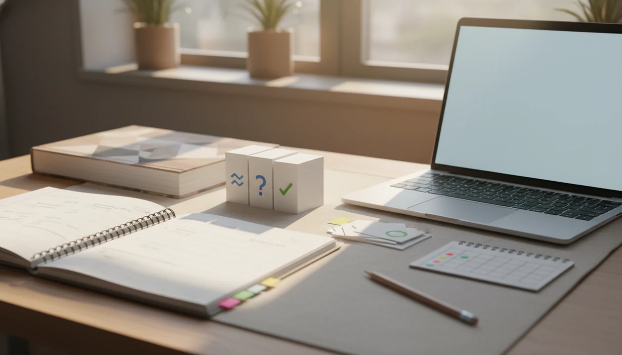 A study desk shows notes, blank flashcards, and a glowing laptop arranged for AI-assisted review.