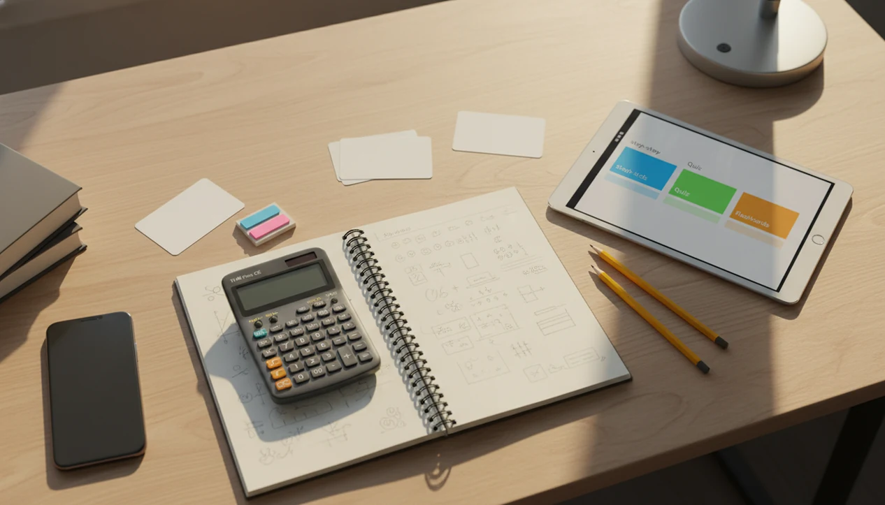 A tidy AP study desk with notes, flashcards, calculator, phone, and tablet for exam prep.