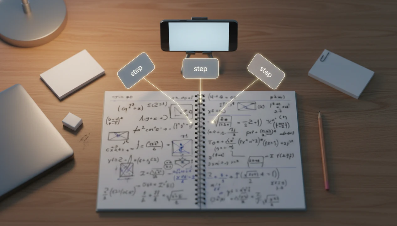 A phone scans a homework notebook on a study desk with blank step cards suggesting explanations.