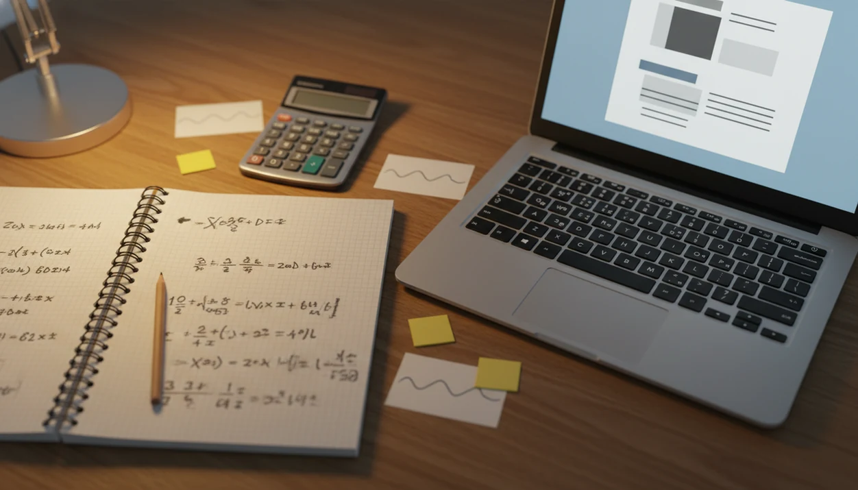 A study desk shows a notebook with worked steps beside a laptop suggesting guided AI homework help.