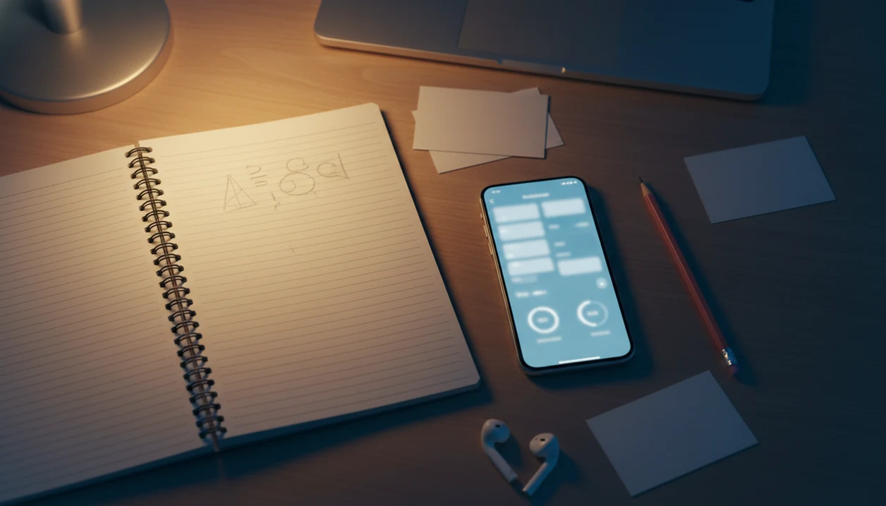 A nighttime study desk shows a notebook, phone, blank flashcards, and pencil for homework review.