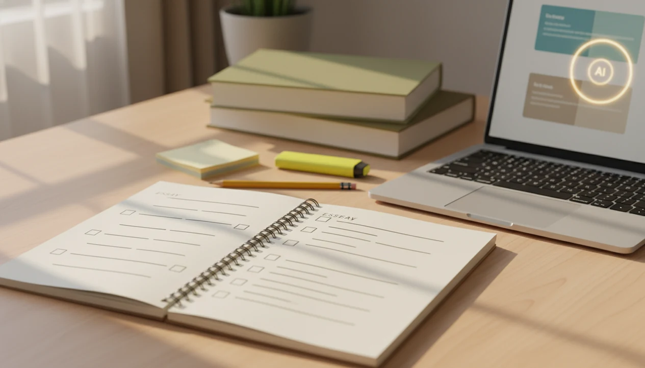 A tidy study desk shows a blank essay outline in a notebook beside a laptop with abstract planning cards.