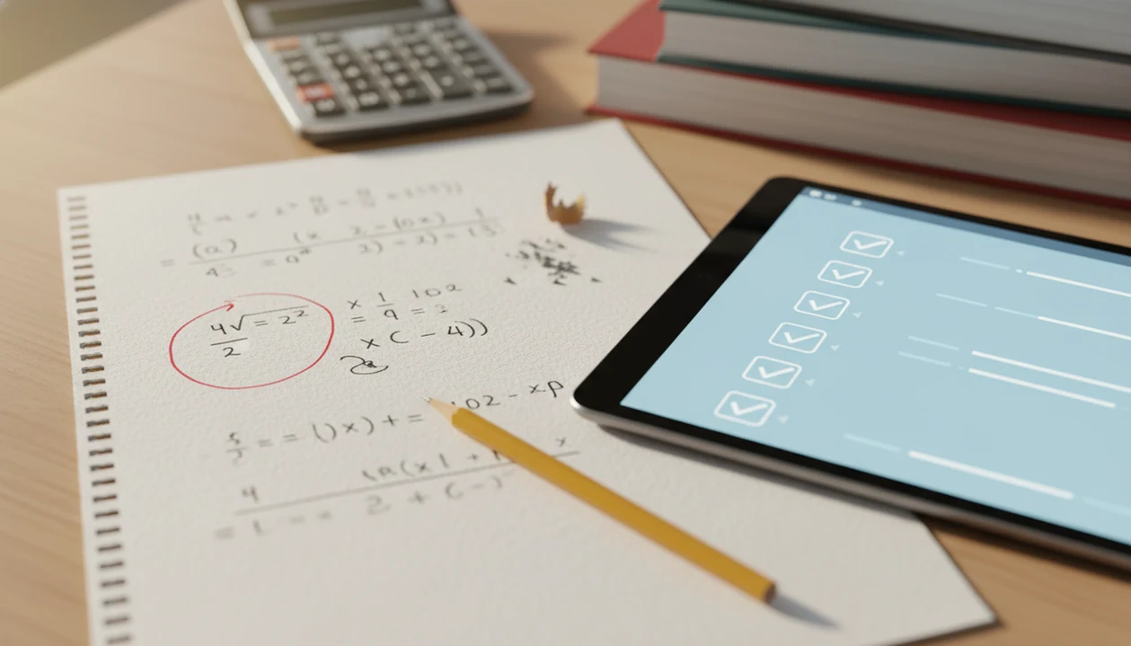 A desk scene shows blurred math work with one error circled beside an abstract AI checking screen.