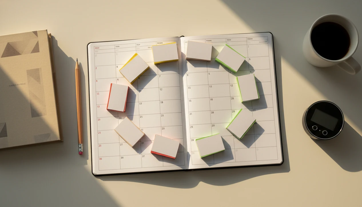 Blank flashcards arranged across a planner to show a spaced study timeline before a test.