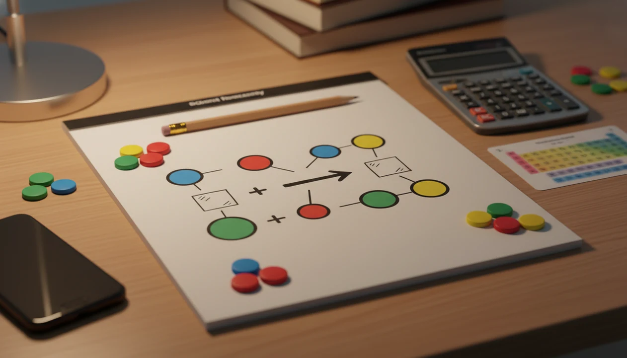 A chemistry notebook shows atom tokens arranged on both sides of an equation for balancing checks.