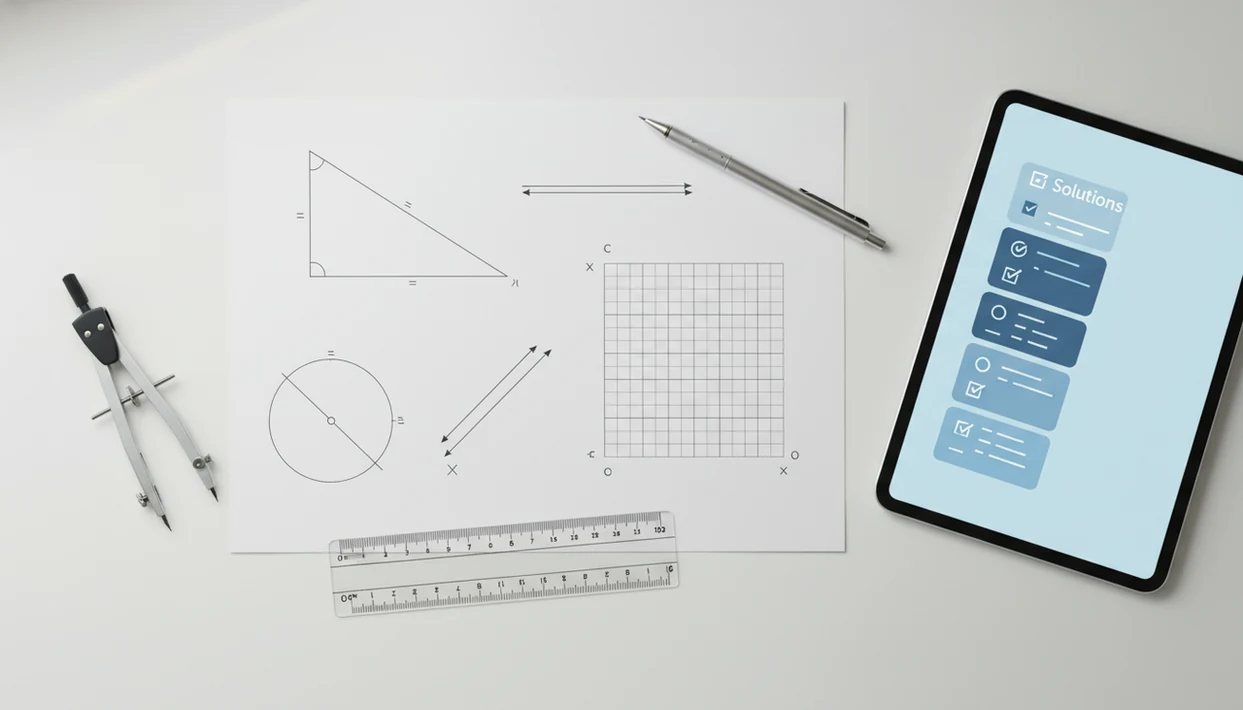 Overhead geometry workspace with diagrams, tools, and abstract step-by-step solution blocks on a tablet.