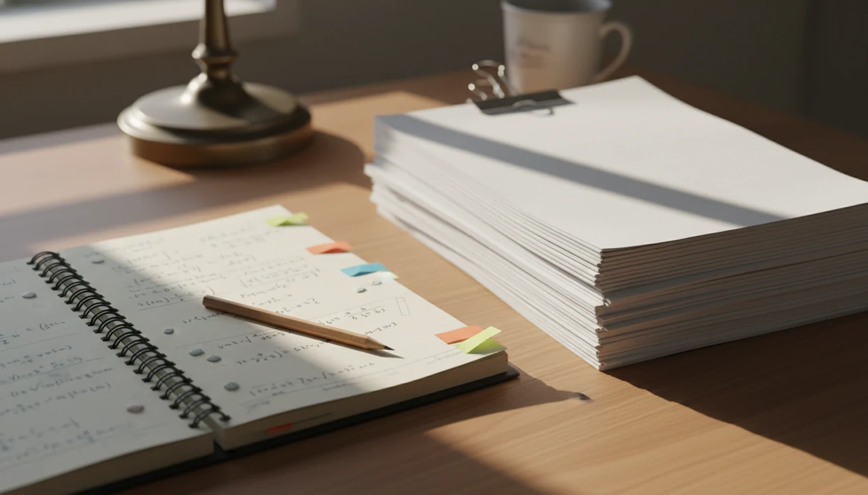 A study desk contrasts revised homework notes with a sterile stack of finished pages.