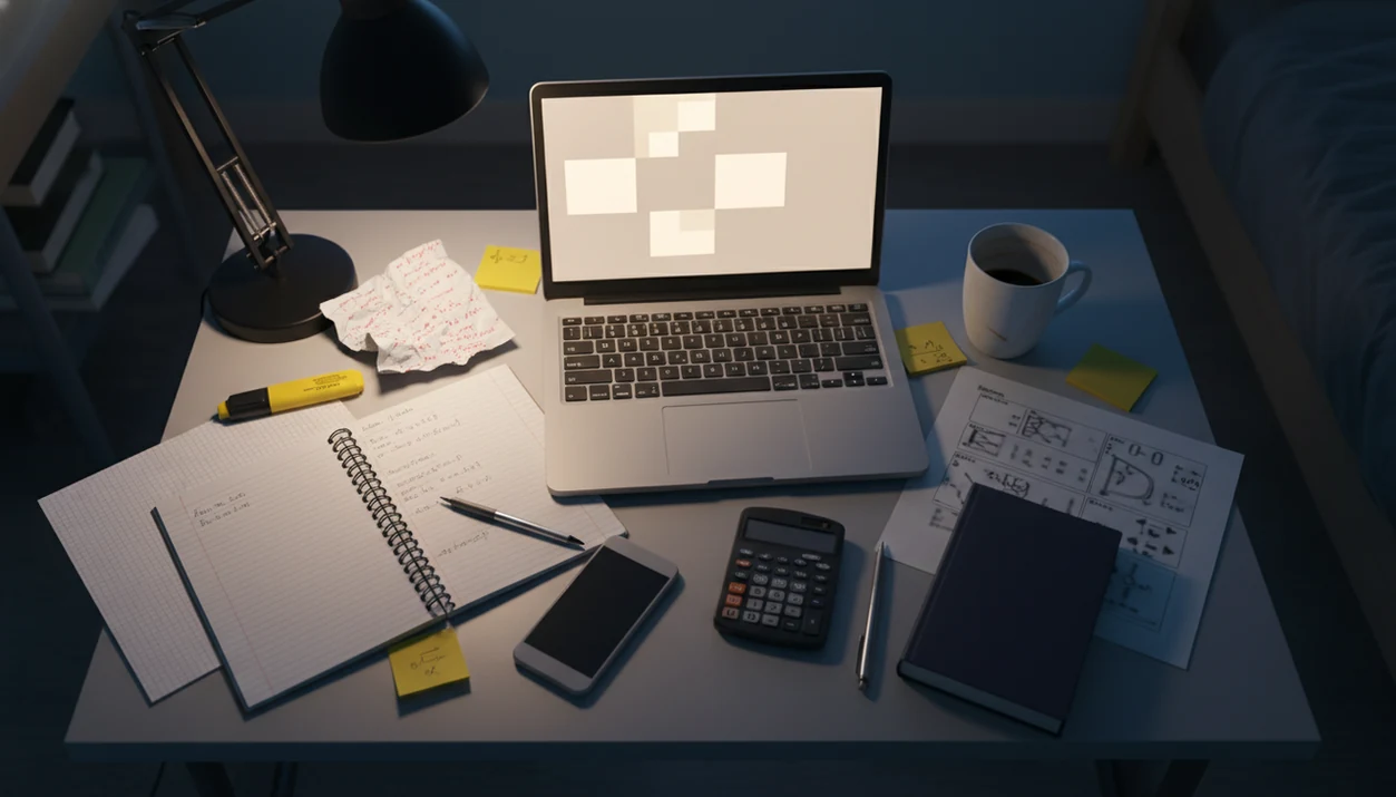 A late-night college study desk with laptop, phone, notes, calculator, and mixed STEM and writing materials.