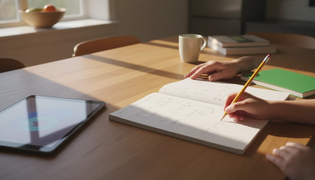 A parent and middle schooler work through homework at a kitchen table with a notebook and tablet nearby.