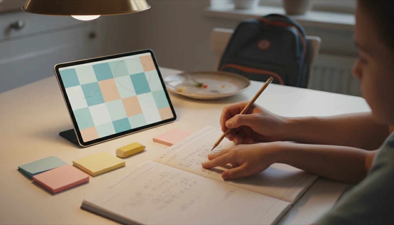 A parent coaches a child through homework at a kitchen table with a tablet, notebook, and pencil nearby.