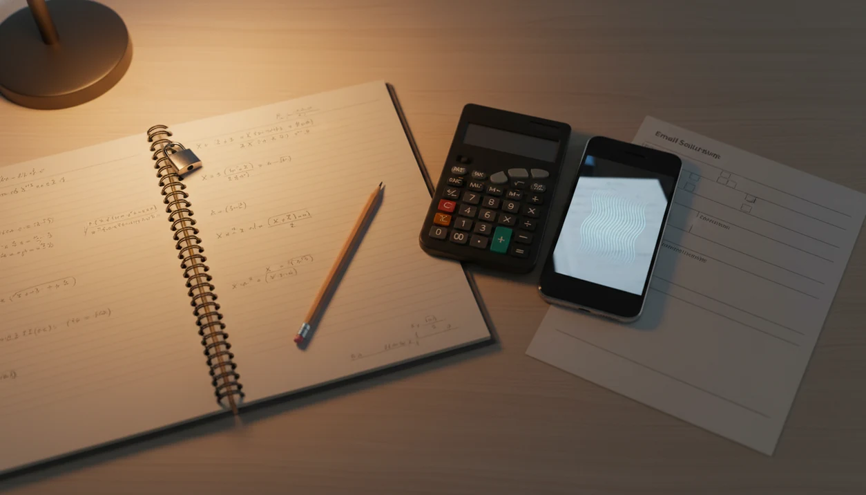 A phone scans homework on a student desk beside an open notebook and an unlocked padlock.