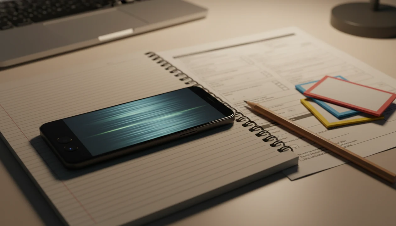 An Android phone on a study desk is set up to scan homework beside notes, pencils, and flashcards.