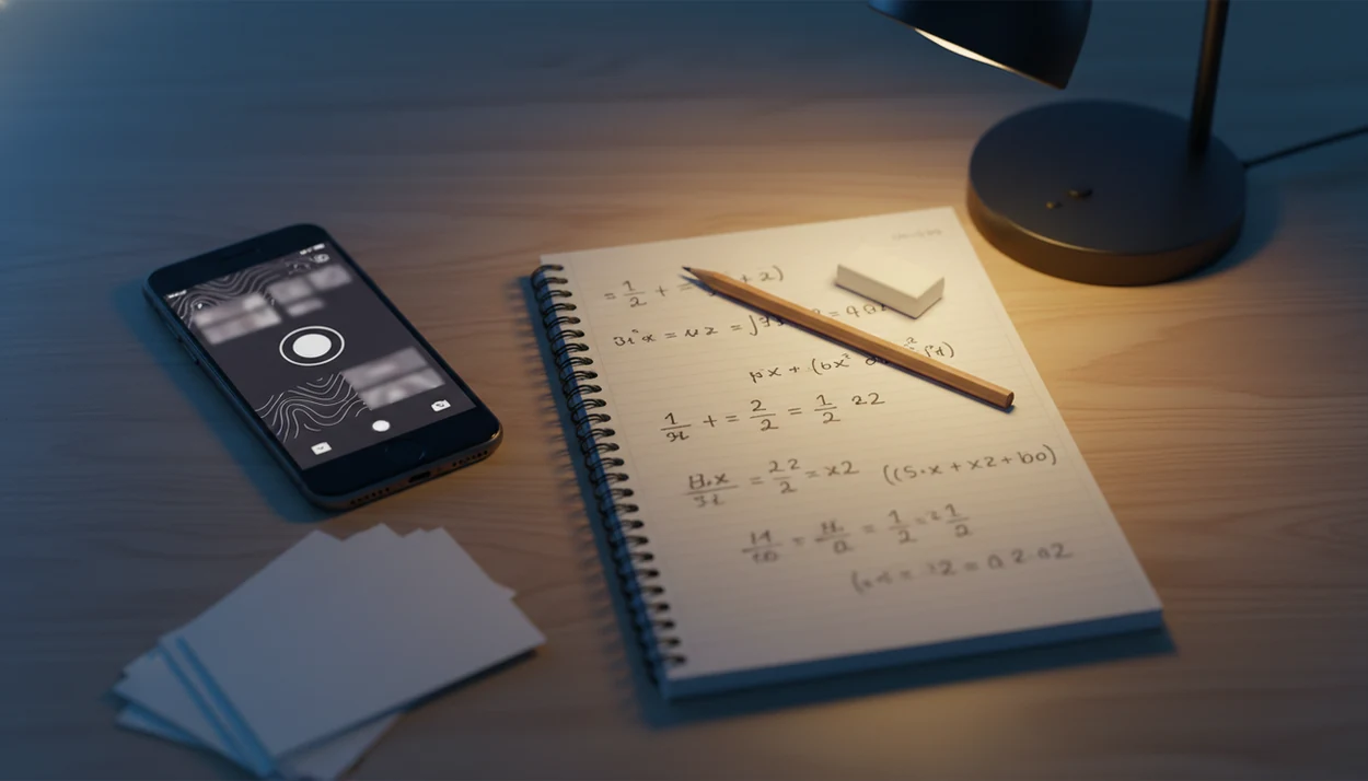 An iPhone on a study desk beside homework notes, suggesting mobile scanning for step-by-step help.