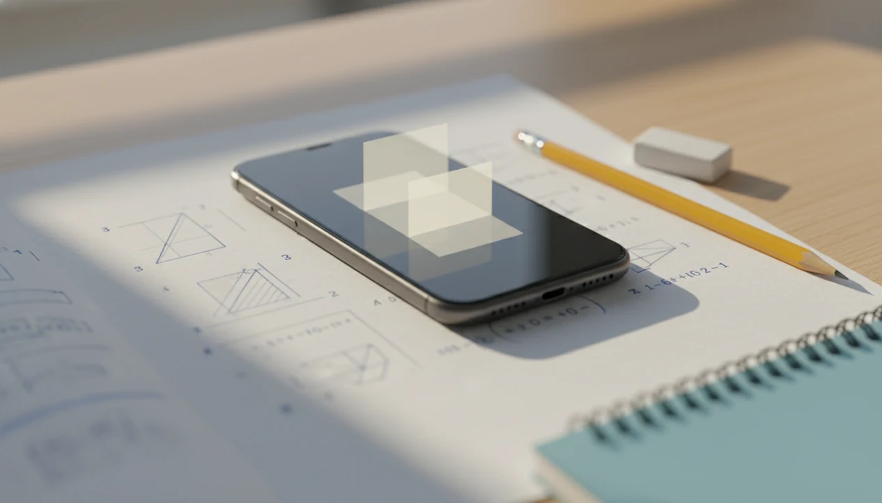 A phone scans a homework worksheet on a tidy desk with pencils and soft study light.