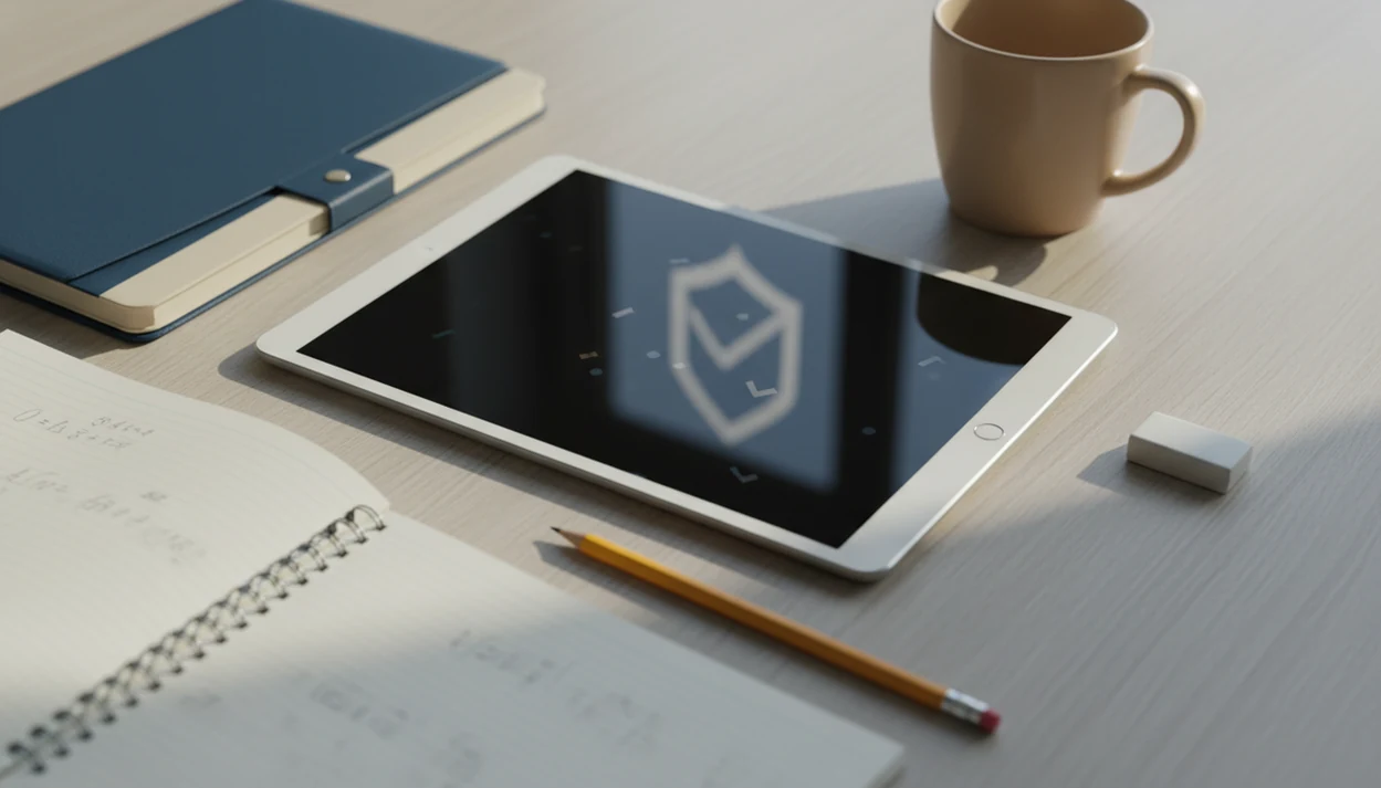 A tablet, notebook, pencil, and privacy folder sit on a kitchen table for supervised AI homework use.