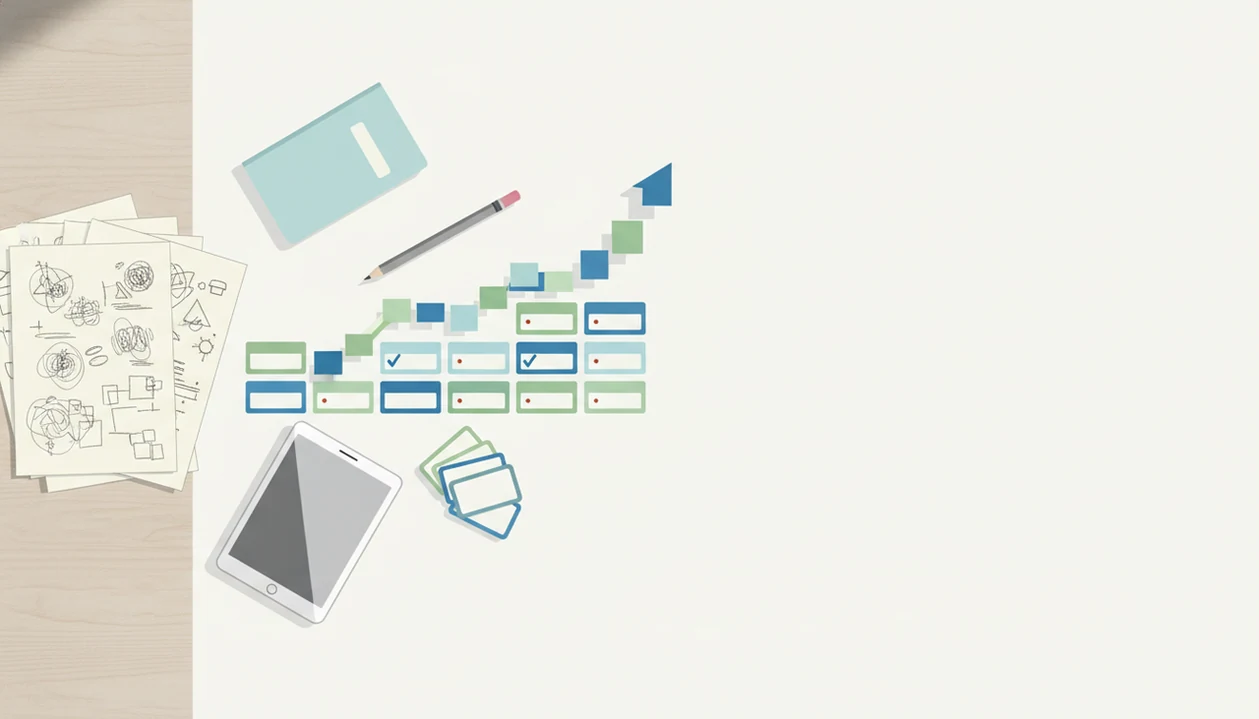 Homework pages turn into topic cards, flashcards, and a rising progress line on a tidy study desk.
