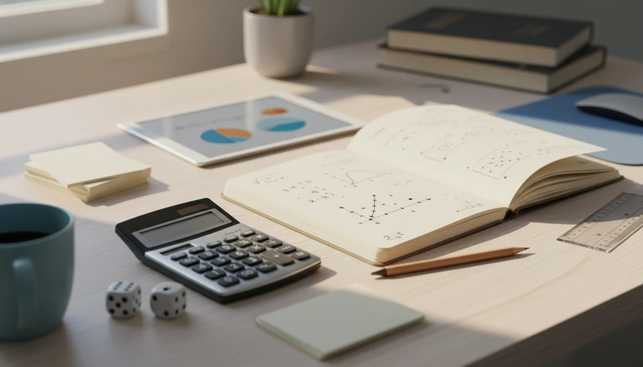 A statistics study desk with a notebook, calculator, dice, charts, and abstract formulas for step-by-step homework help.