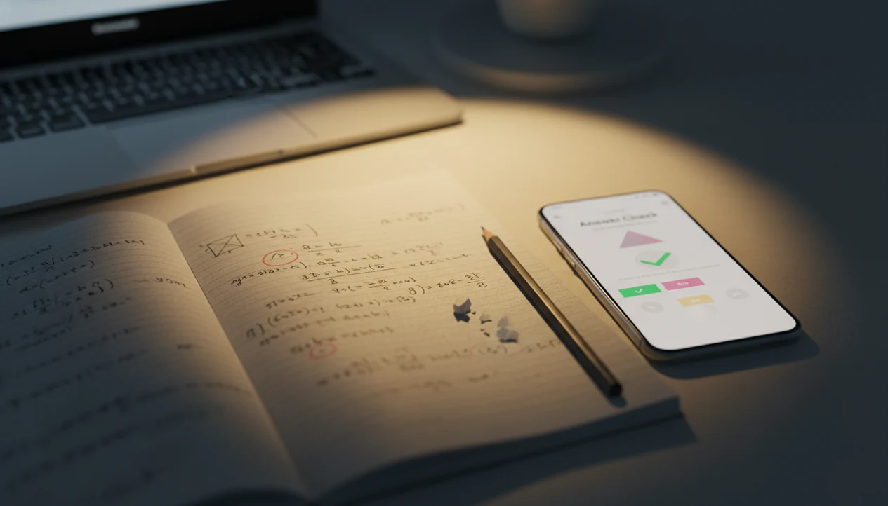 A notebook, pencil, and phone on a study desk suggest checking homework answers step by step.