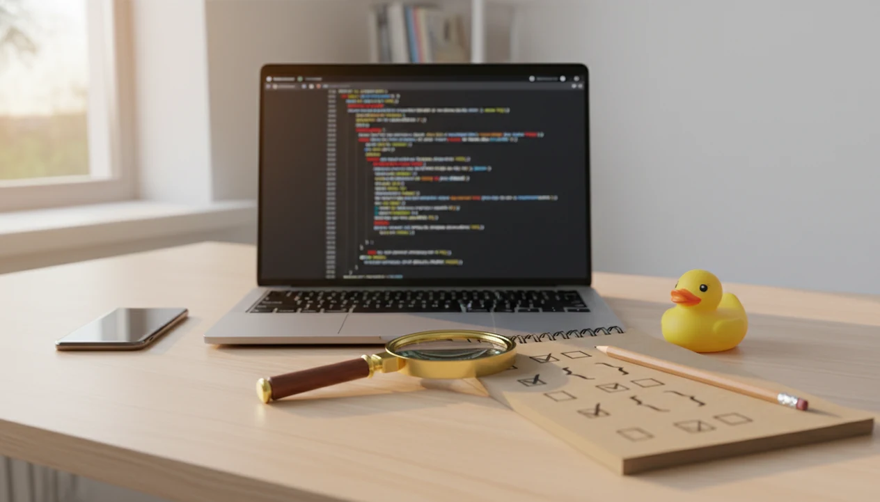 A laptop with blurred code sits beside debugging notes, a pencil, rubber duck, and magnifying glass.