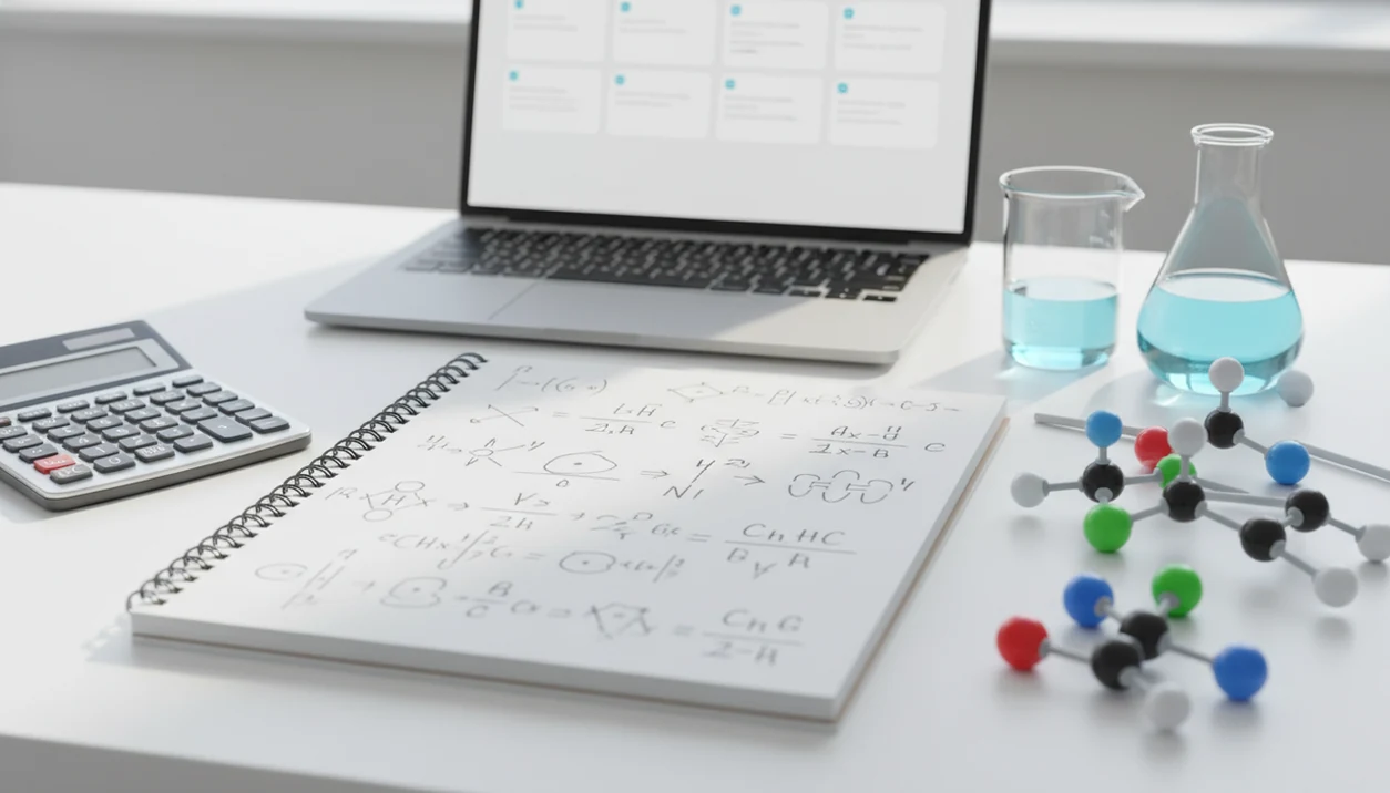 A chemistry study desk shows a notebook, molecule model, beakers, calculator, and laptop for step-by-step review.