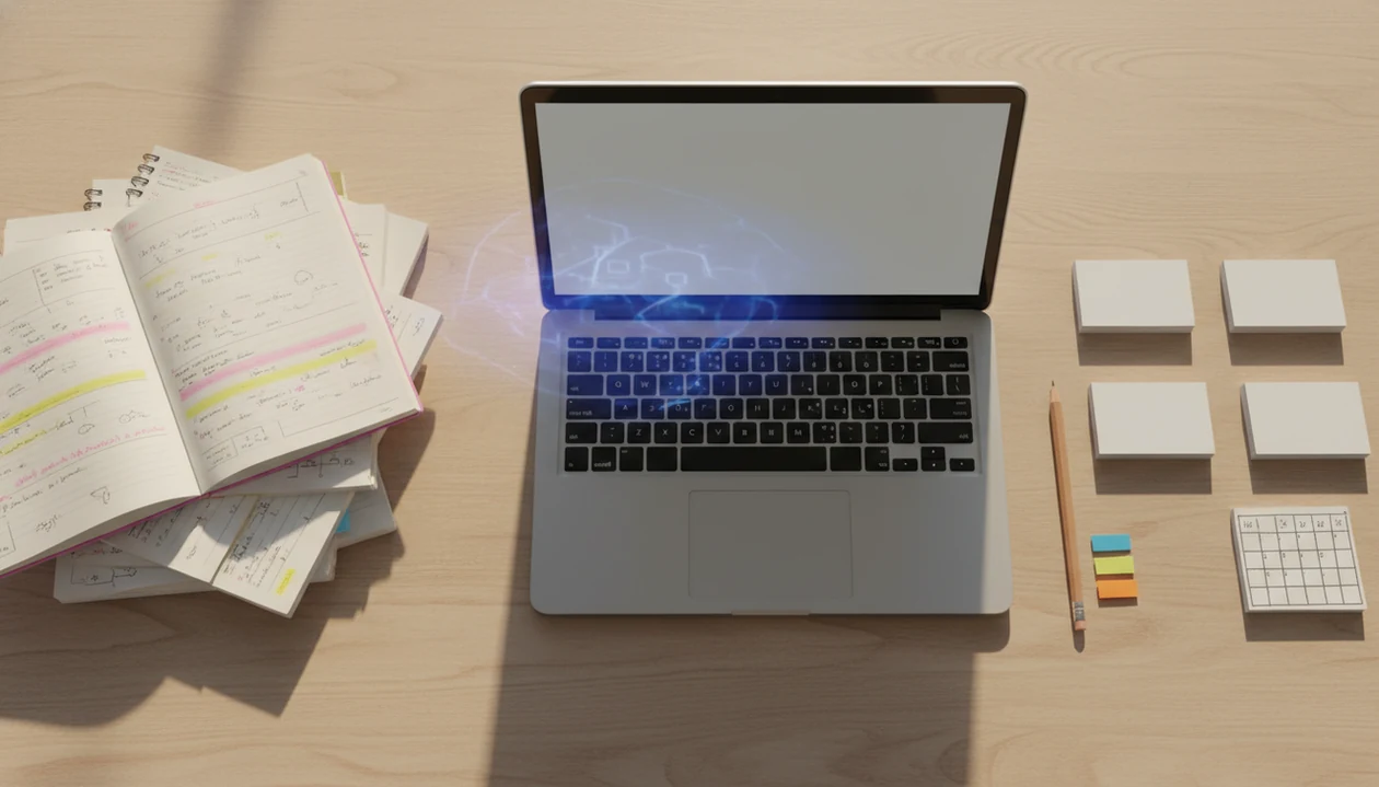A desk shows class notes, an AI-lit screen, and organized flashcards ready for spaced review.