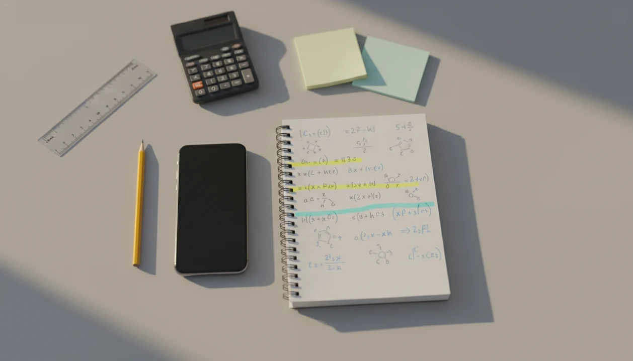 A phone beside a science homework notebook with highlighted formulas and units on a tidy desk.