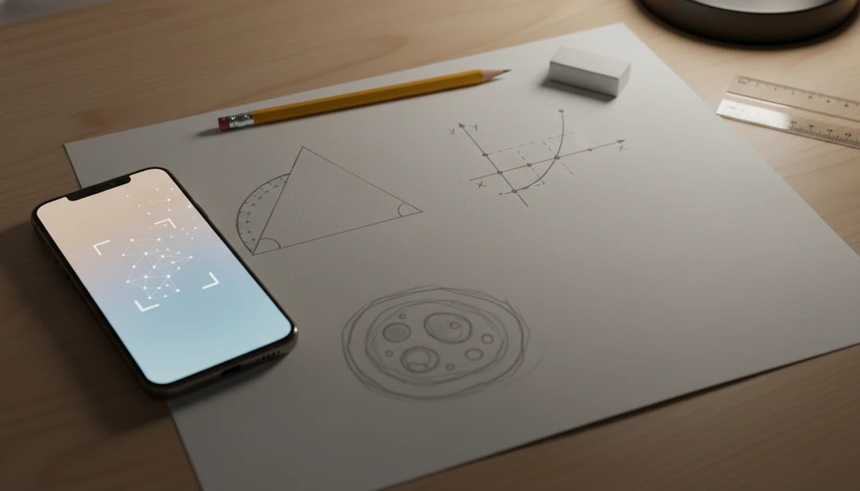 A phone scans a homework sheet with diagrams, graphs, and sketches on a tidy desk.