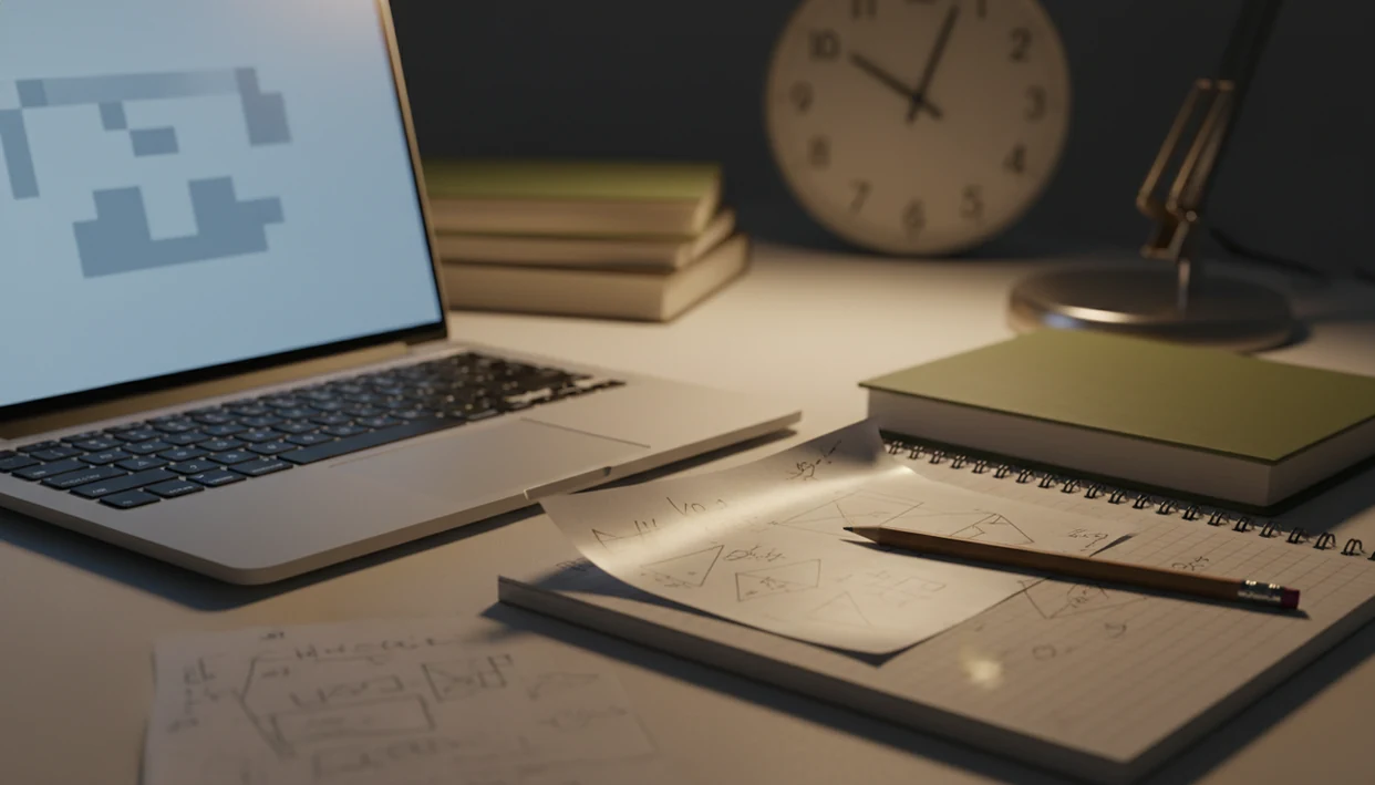 A laptop, notebook, and tracing paper on a desk suggest the risks of copying AI homework.