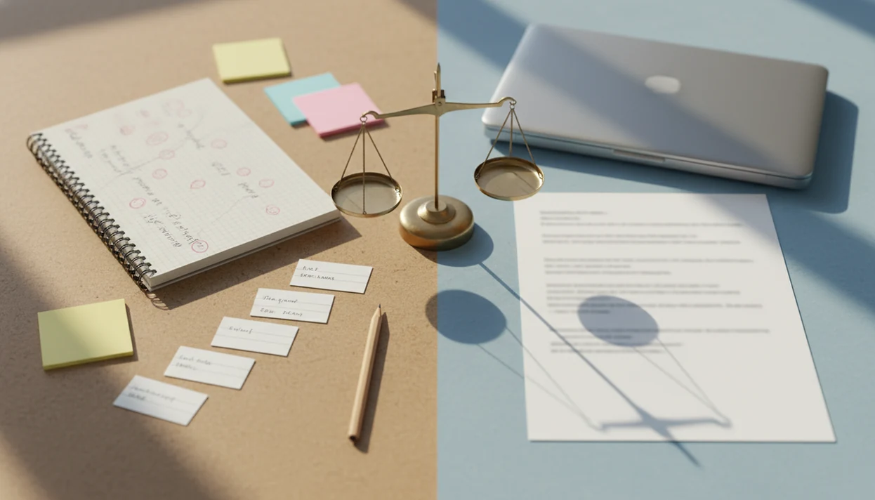 A desk contrasts revised student notes with a clean AI-like draft, suggesting ethical writing support choices.