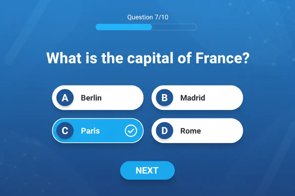 AI quiz generator creating multiple choice practice quiz for exam preparation