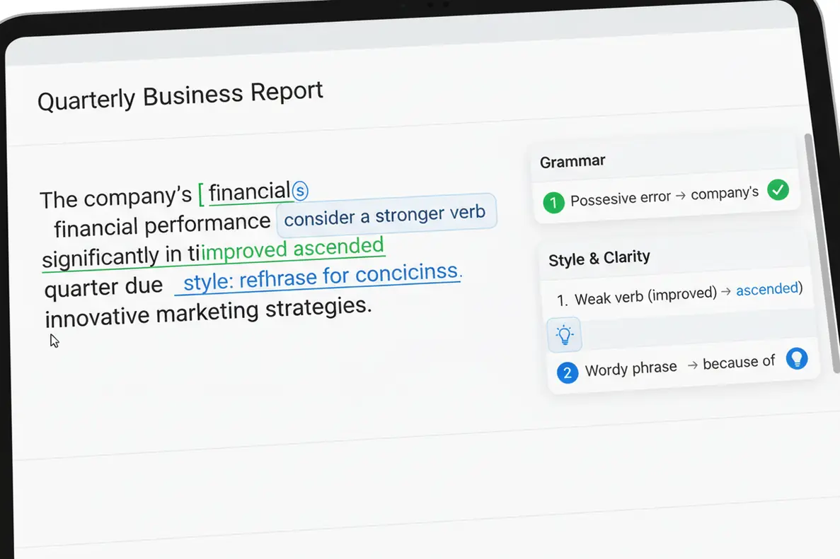 AI writing helper providing detailed grammar and style feedback on student essay