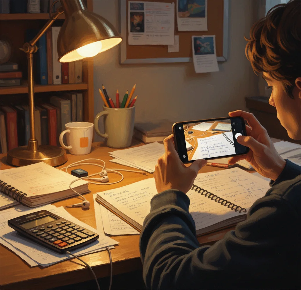 Student photographing algebra homework at desk with notebook, calculator, and phone nearby