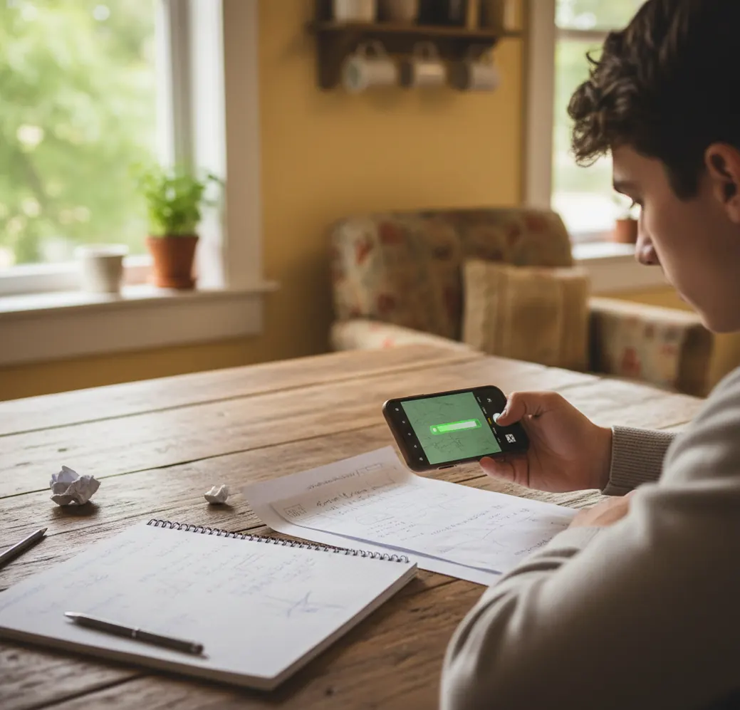 Student checking a homework question on a phone beside a notebook and calculator