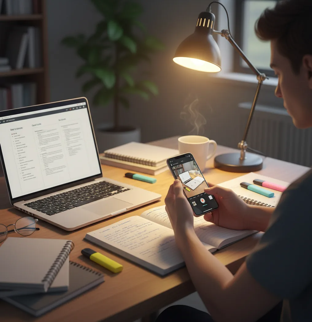 Student turning messy lecture notes into a structured study guide on a phone