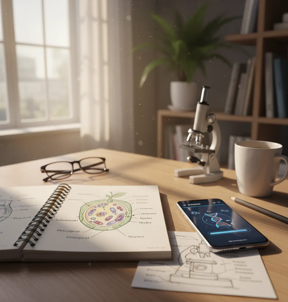 Student reviewing a cell diagram and notes beside a phone showing biology explanations