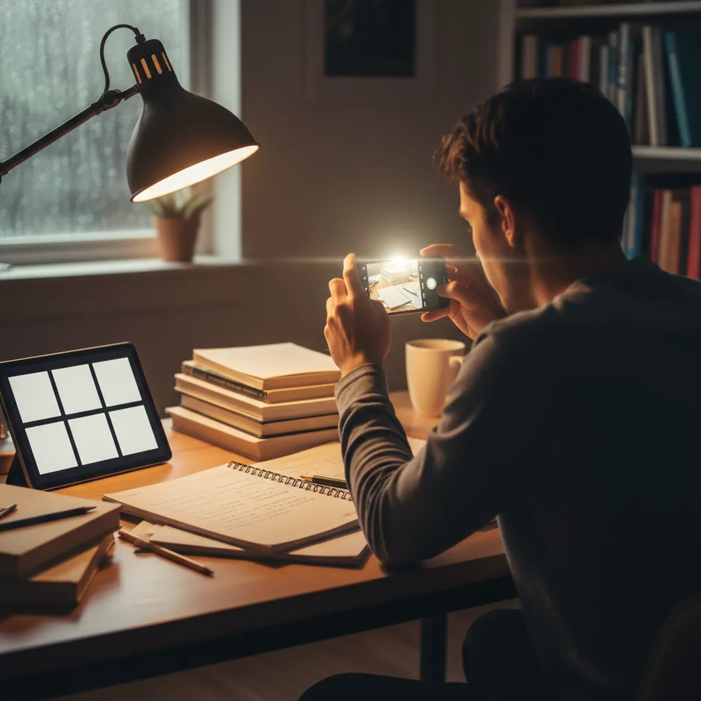 Student turning messy lecture notes into flashcards on phone beside a notebook