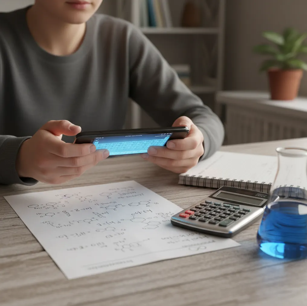 Student using a phone to scan a chemistry worksheet beside a notebook and beaker