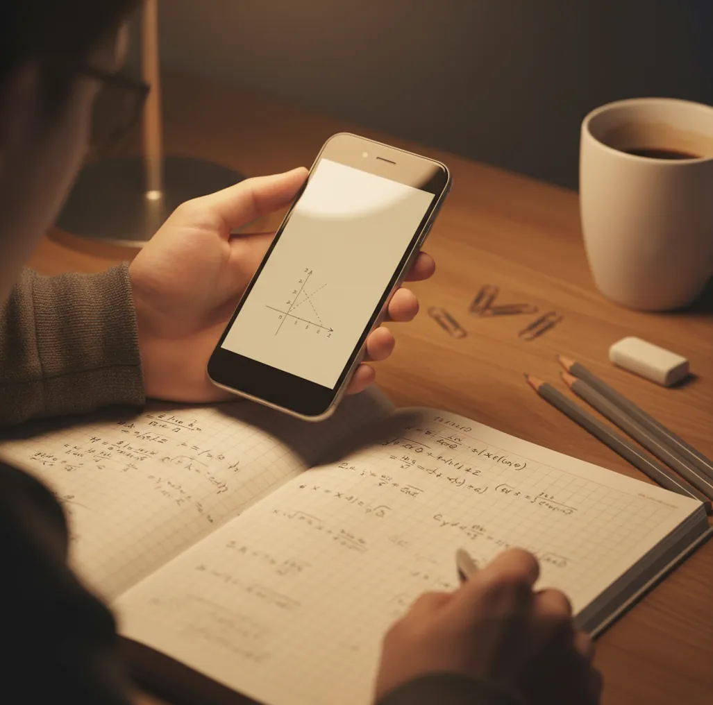 Student photographing a notebook equation with a phone at a quiet desk lamp