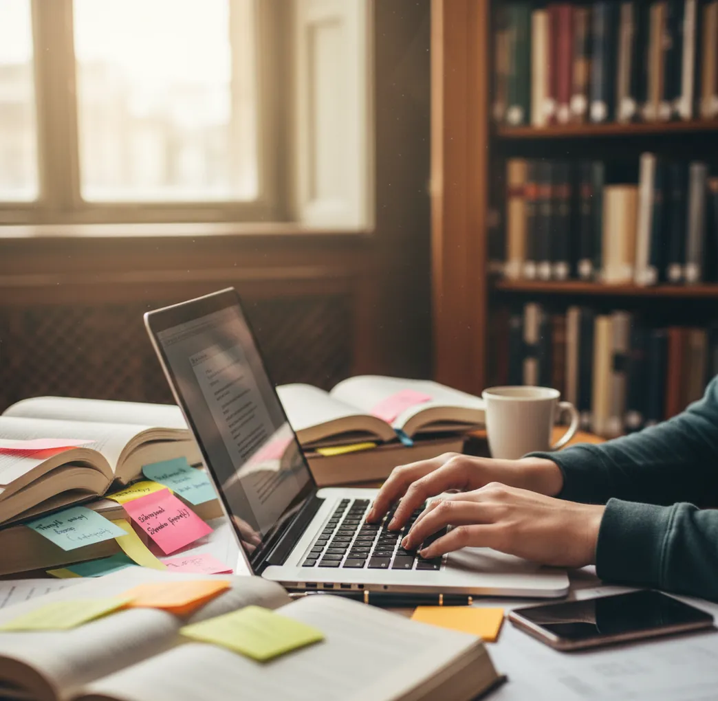 Student revising a laptop draft with highlighted citations and margin notes at a library desk