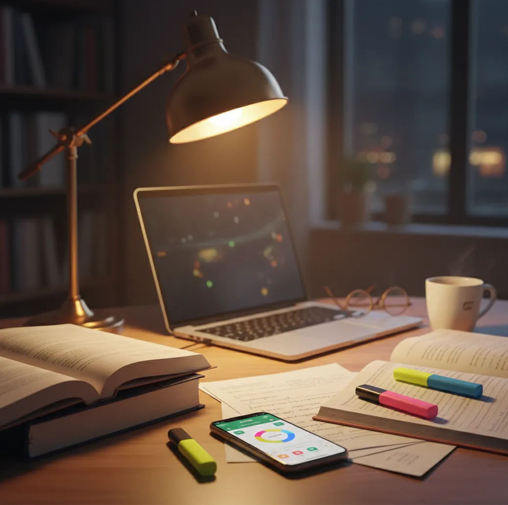 Student reviewing flashcards beside a notebook and phone during a quiet evening study session