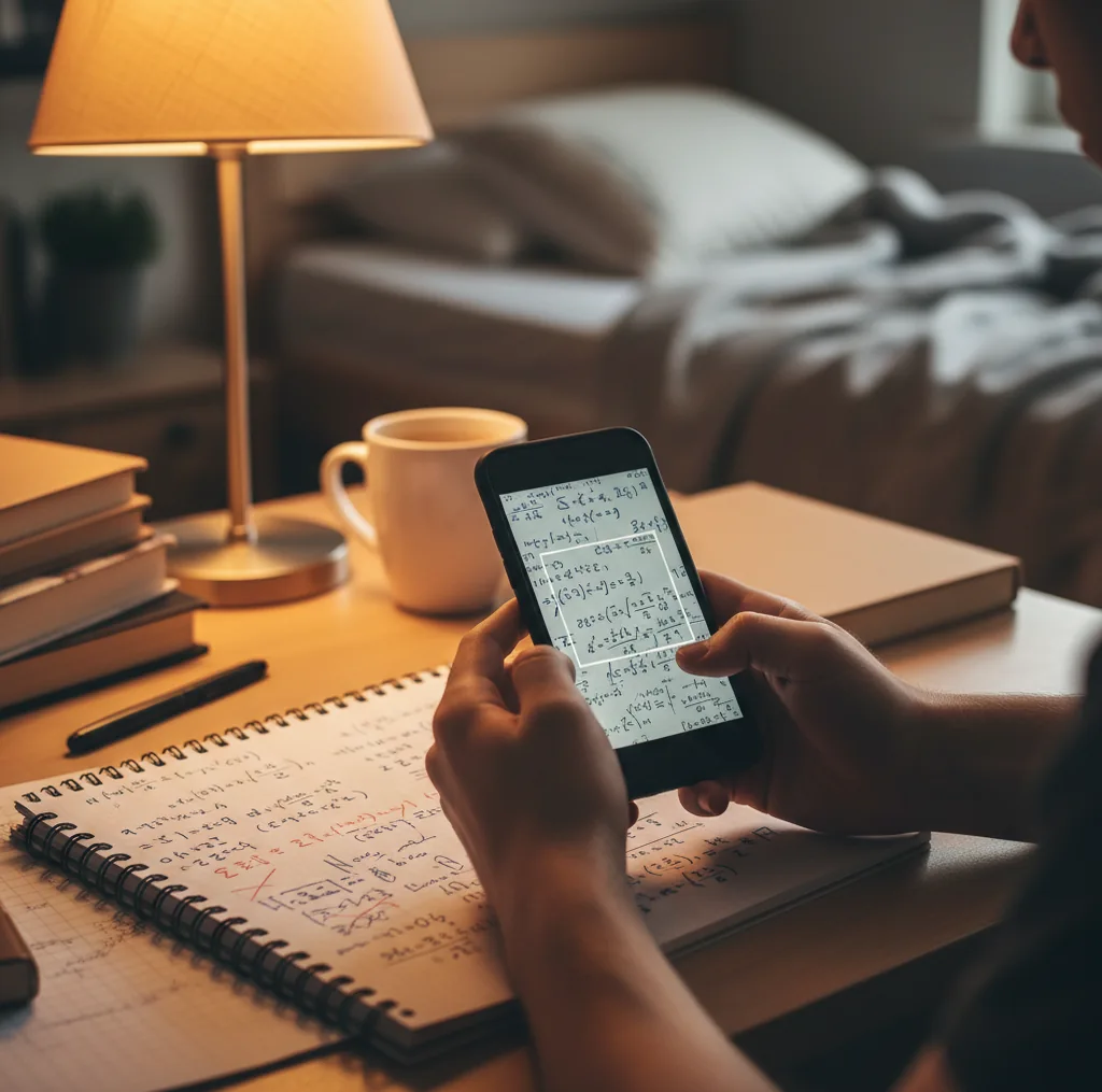 Student checking a worked math solution on a phone beside a notebook and pencil