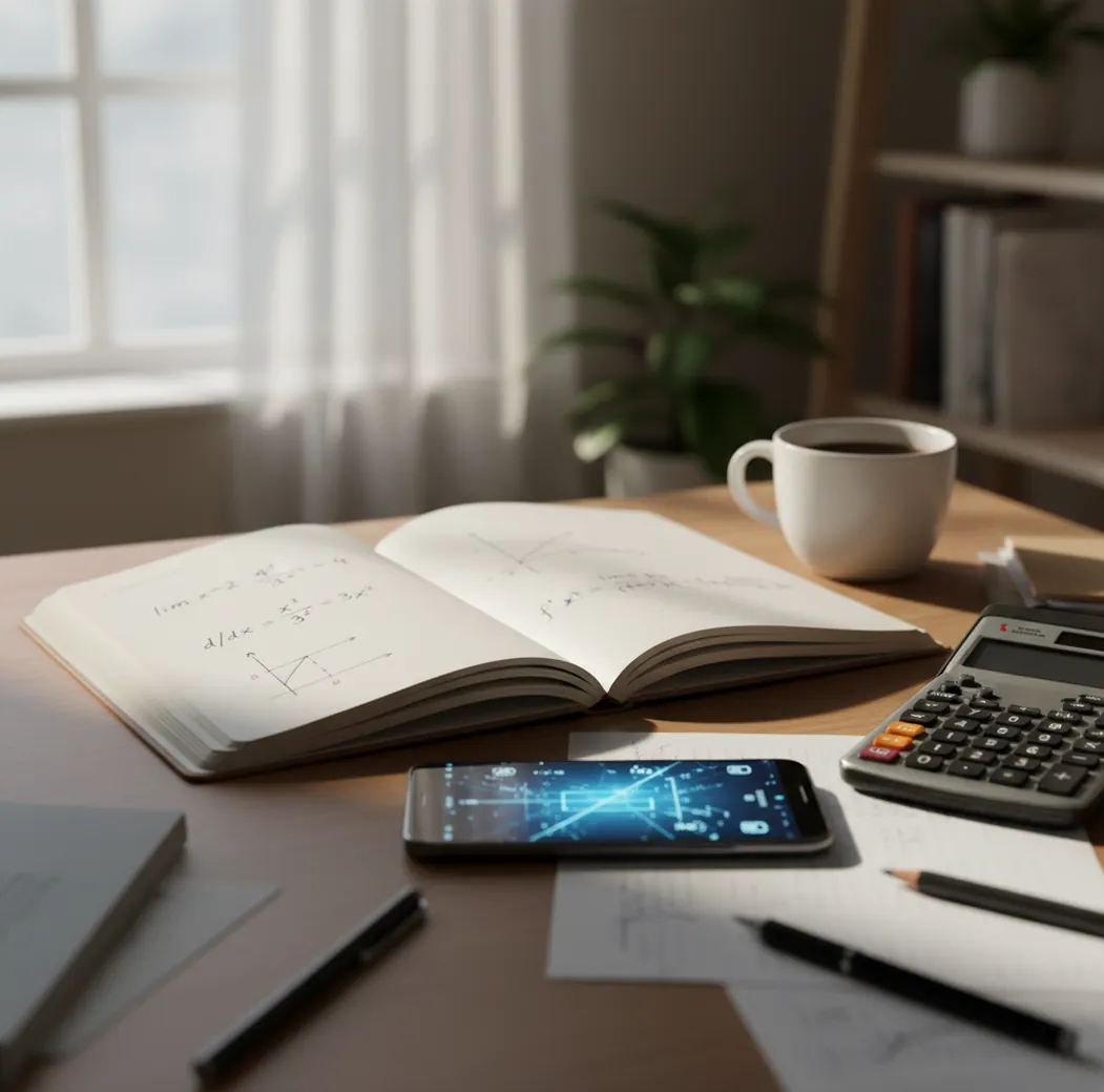 Student checks derivative steps on a phone beside a notebook and graphing calculator