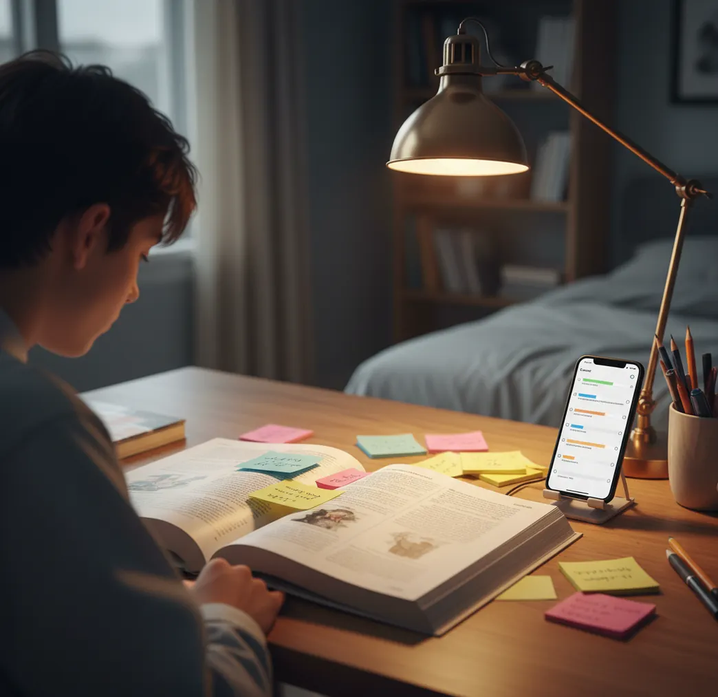 Student highlighting a history textbook and checking a timeline on a phone at a desk
