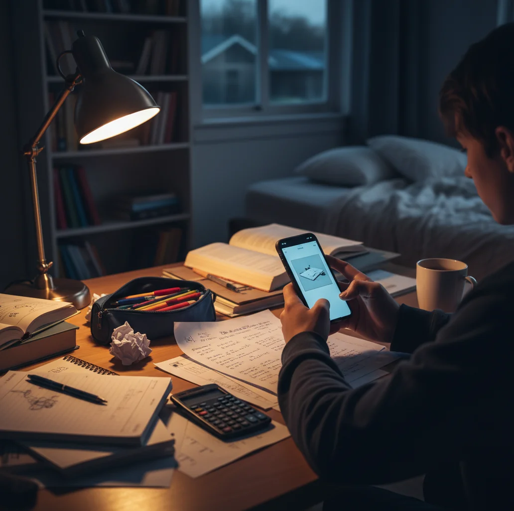 Student using a phone to scan a worksheet while studying at a desk