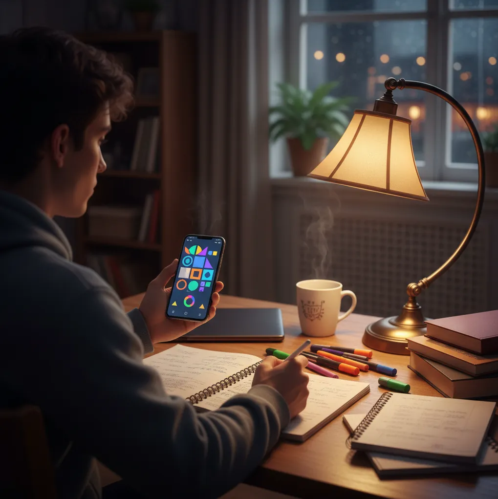 Student turning class notes into flashcards on a phone at a quiet desk